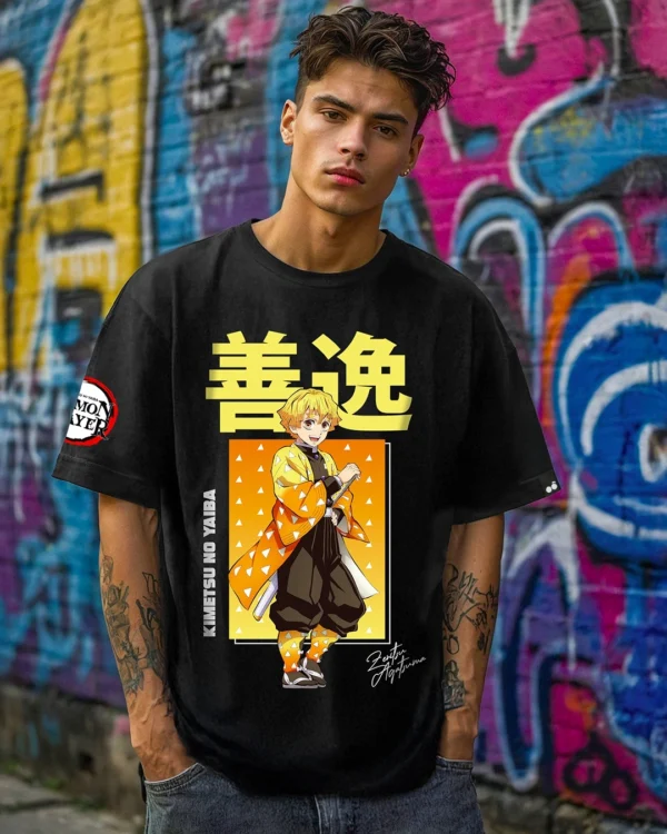 Men's Black Zenitsu Agatsuma Graphic Printed Oversized T-shirt
