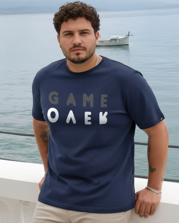 Men's Blue Game Over Minimal Graphic Printed Plus Size T-shirt
