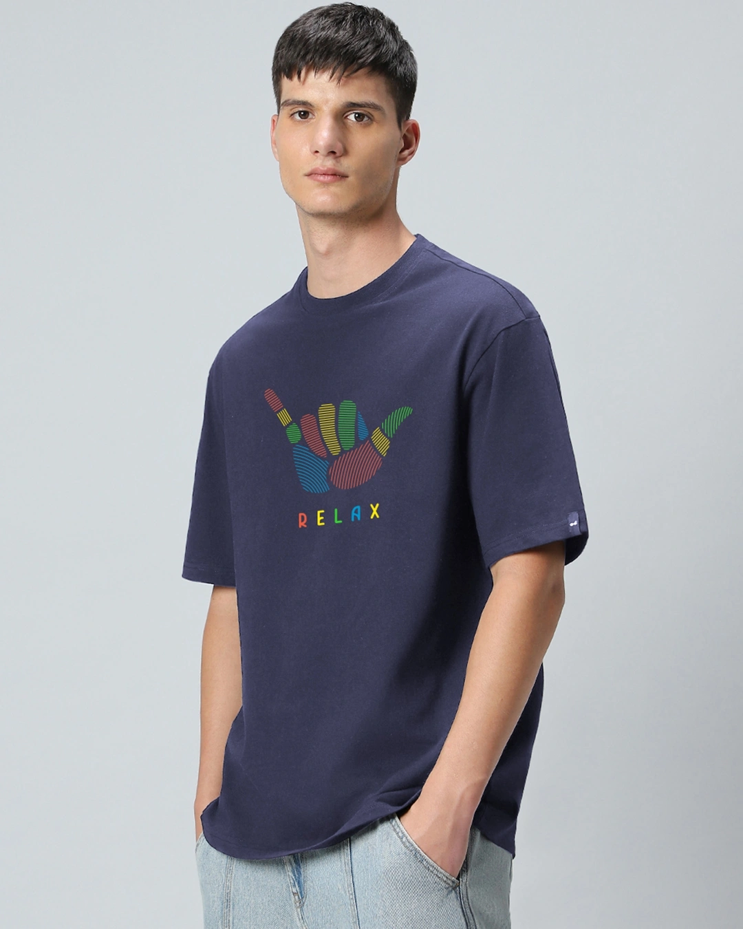Men's Blue Hang Loose Graphic Printed Oversized T-shirt - Image 2