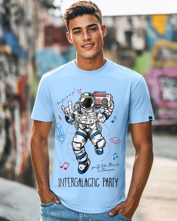 Men's Blue Inter Galactic Party Graphic Printed T-shirt
