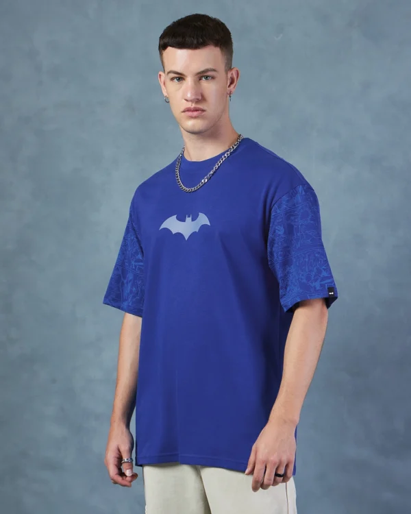 Men's Blue Batman Logo Graphic Printed Oversized T-shirt