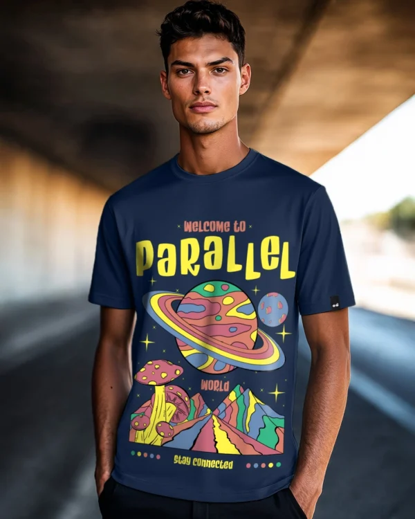 Men's Blue Parallel World Graphic Printed T-shirt