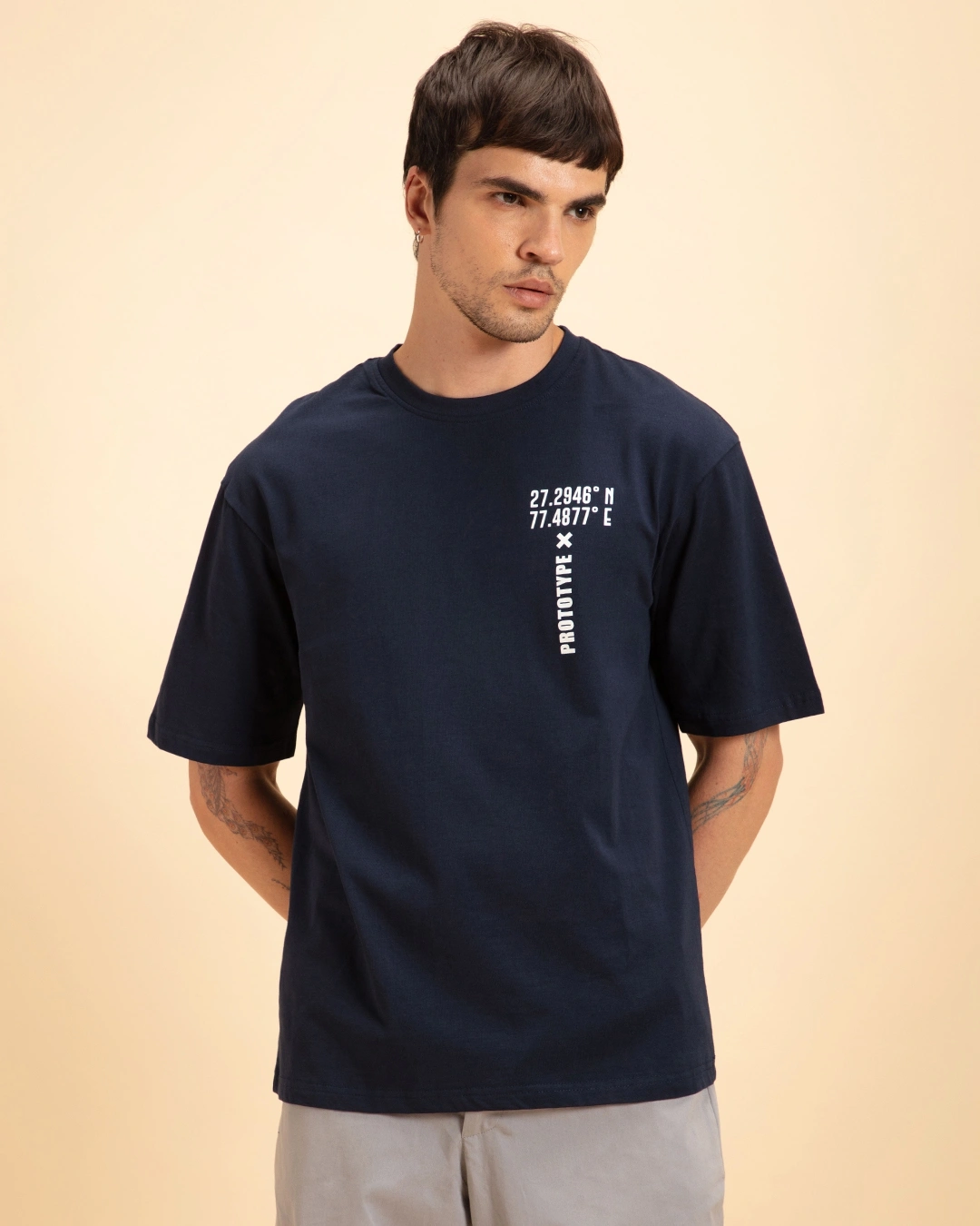 Men's Blue Prototype Graphic Printed Oversized T-shirt - Image 2