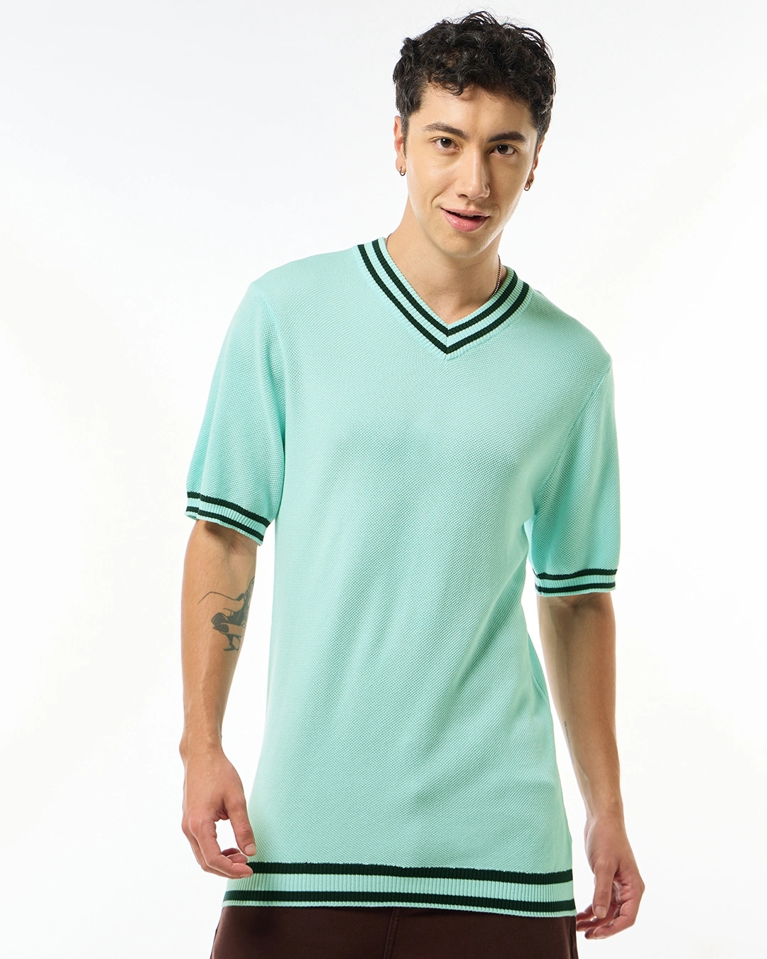 Men's Blue Textured Flatknit T-shirt - Image 2