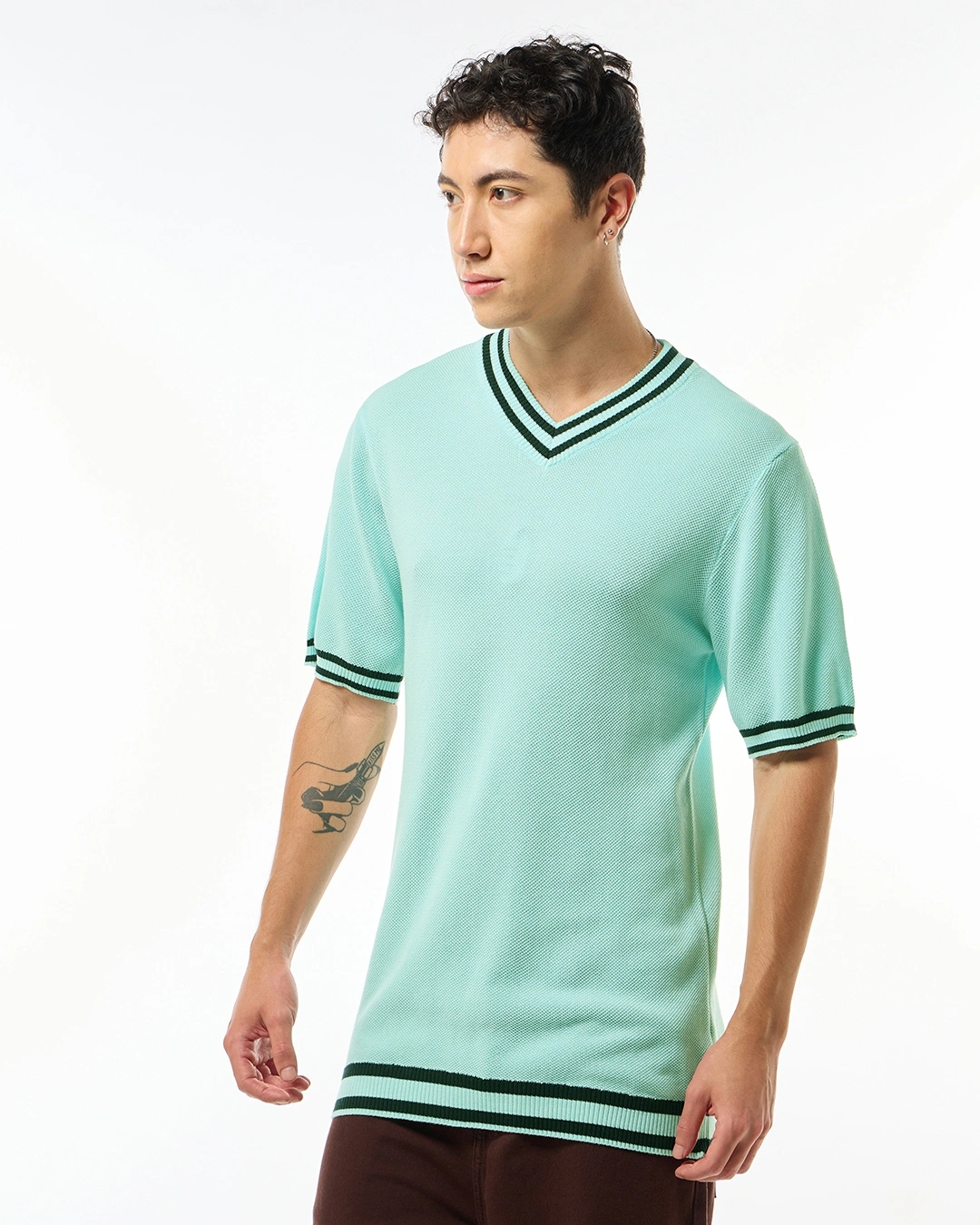 Men's Blue Textured Flatknit T-shirt - Image 3