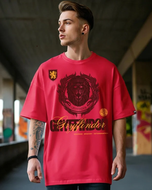 Men's Bold Red Gryffin Squad Graphic Printed Oversized T-shirt