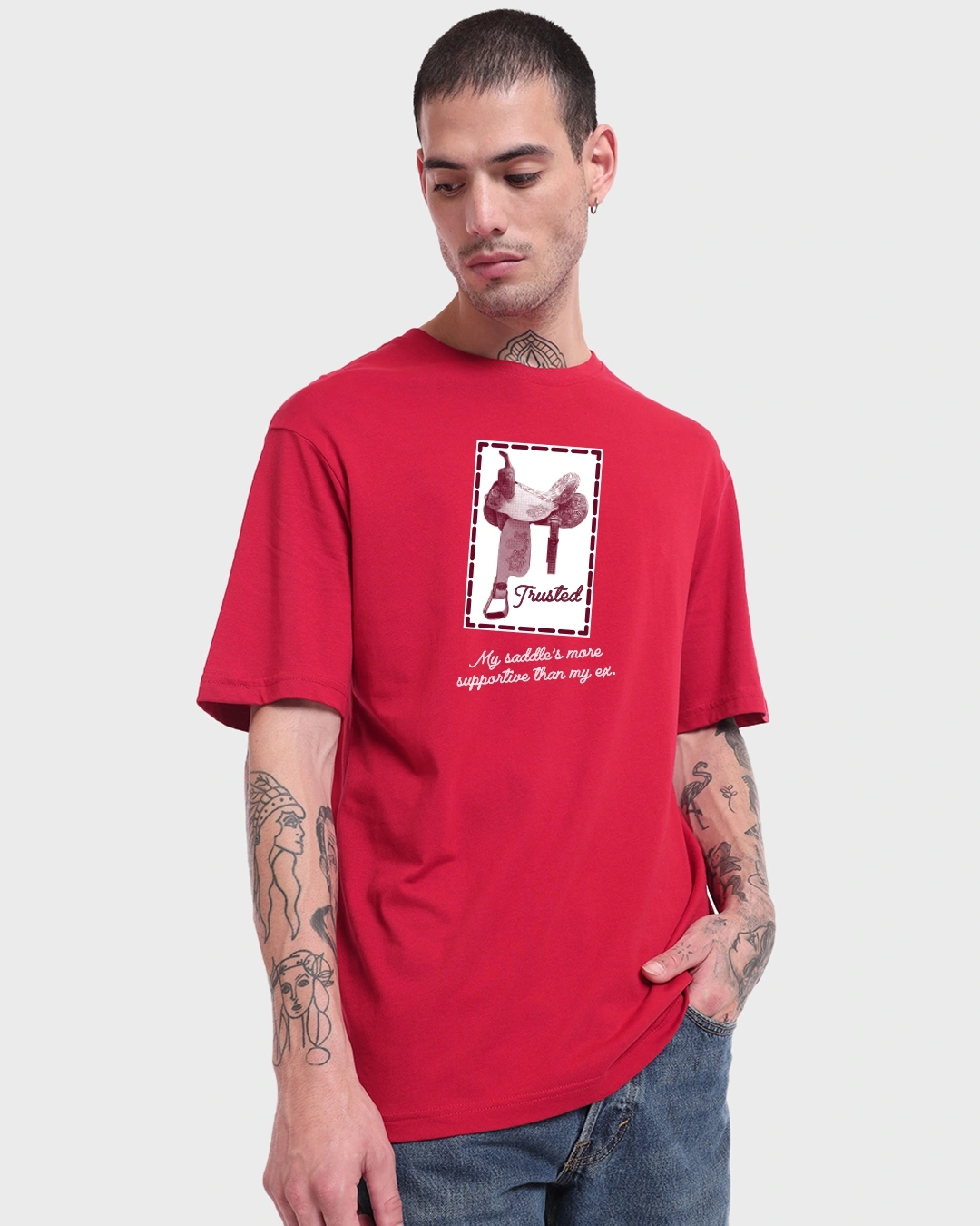 Men's Bold Red Rodeo Graphic Printed Oversized T-shirt - Image 2