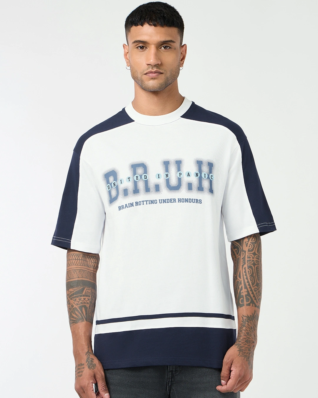 Men's Bright White & Blue Bruh Color Block Oversized T-shirt - Image 2