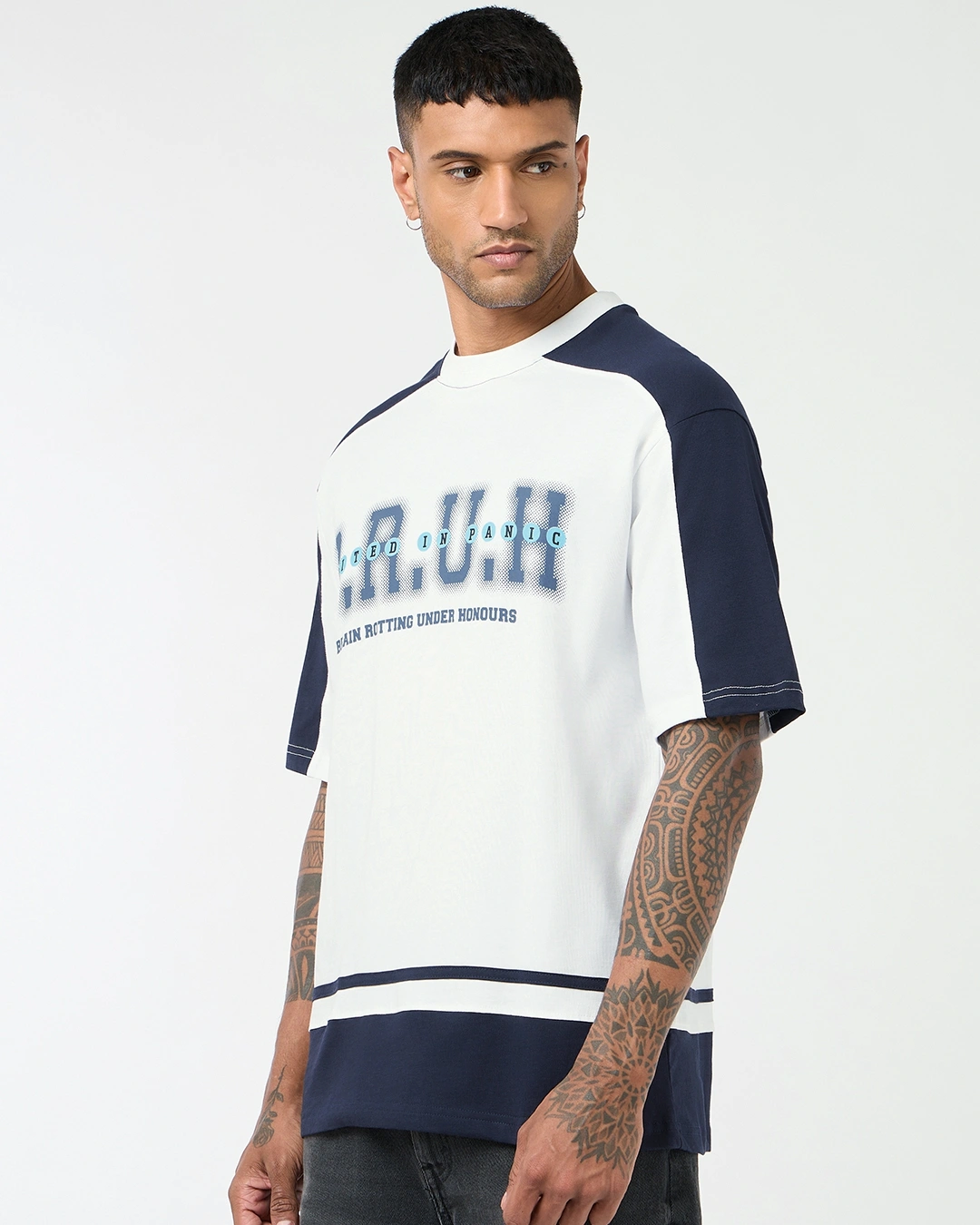 Men's Bright White & Blue Bruh Color Block Oversized T-shirt - Image 3