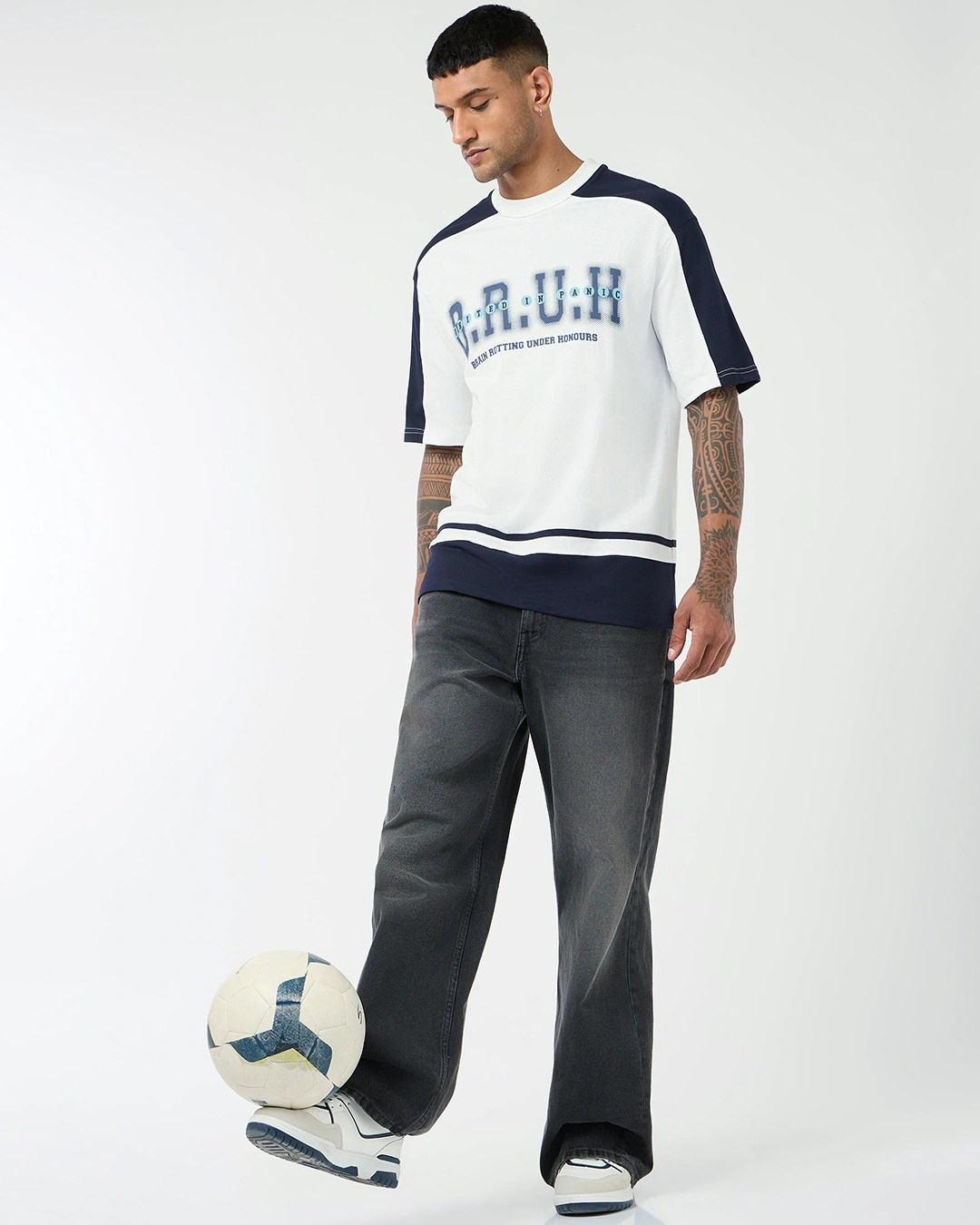 Men's Bright White & Blue Bruh Color Block Oversized T-shirt - Image 4