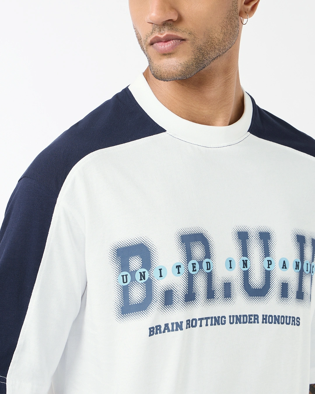 Men's Bright White & Blue Bruh Color Block Oversized T-shirt - Image 5