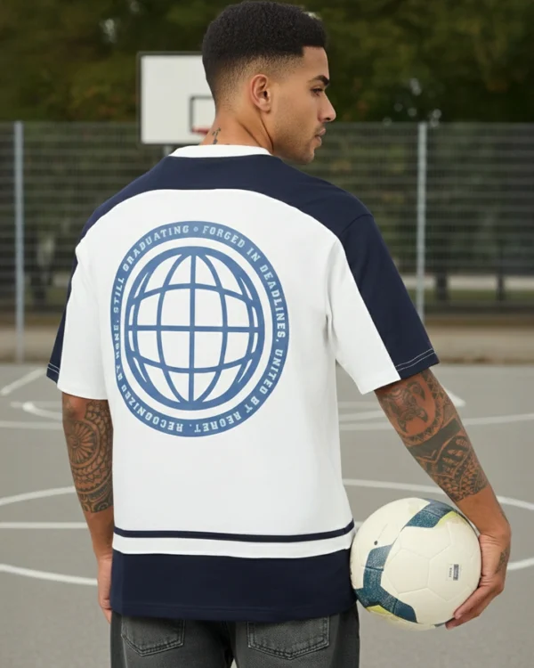 Men's Bright White & Blue Bruh Color Block Oversized T-shirt