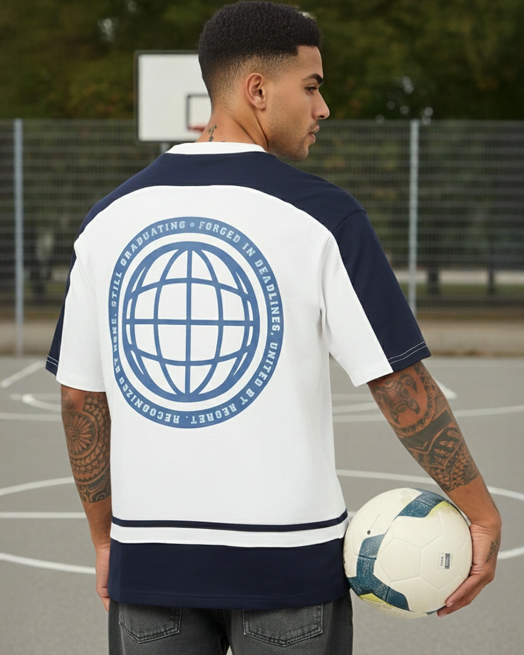 Men's Bright White & Blue Bruh Color Block Oversized T-shirt