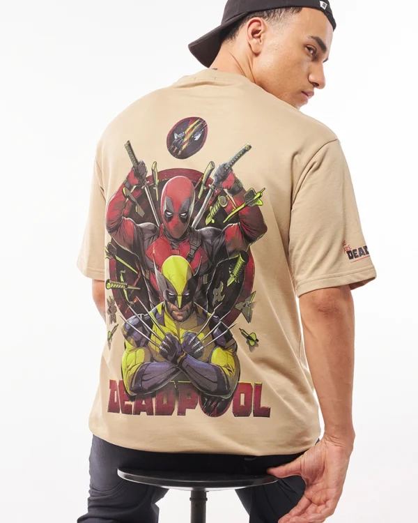 Men's Brown Deadpool Duo Graphic Printed Oversized T-shirt