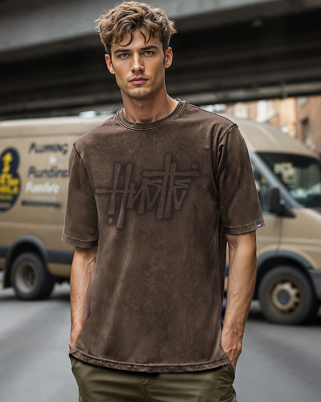 Men's Brown Hustle Typography Oversized Acid Wash T-shirt