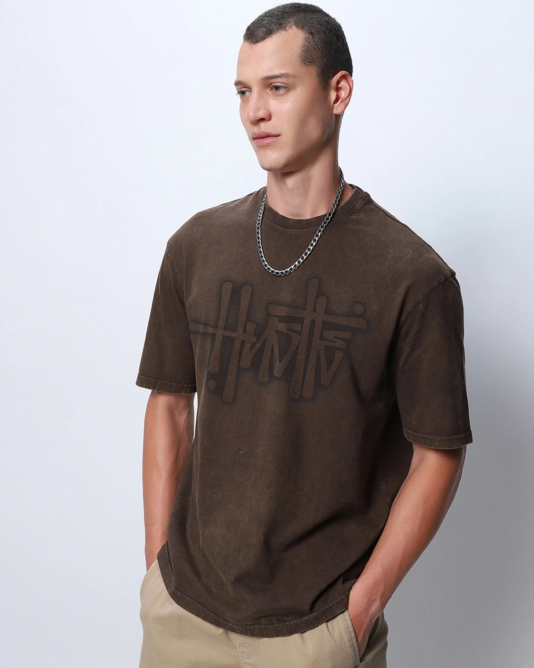 Men's Brown Hustle Typography Oversized Acid Wash T-shirt - Image 2