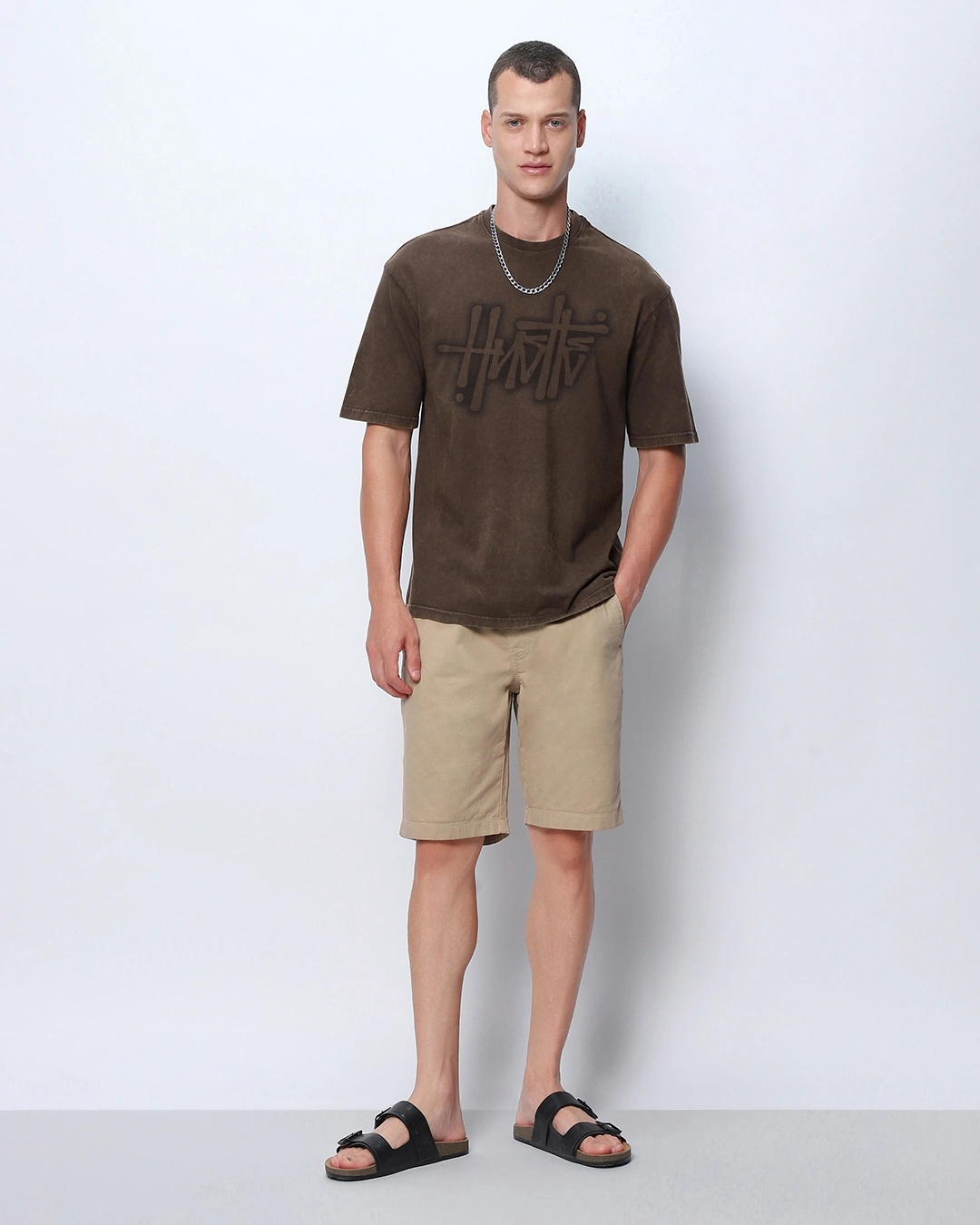 Men's Brown Hustle Typography Oversized Acid Wash T-shirt - Image 4