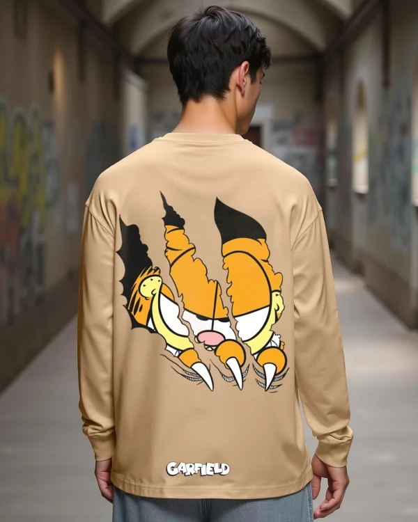 Men's Brown Smiling Cat Graphic Printed Oversized T-shirt