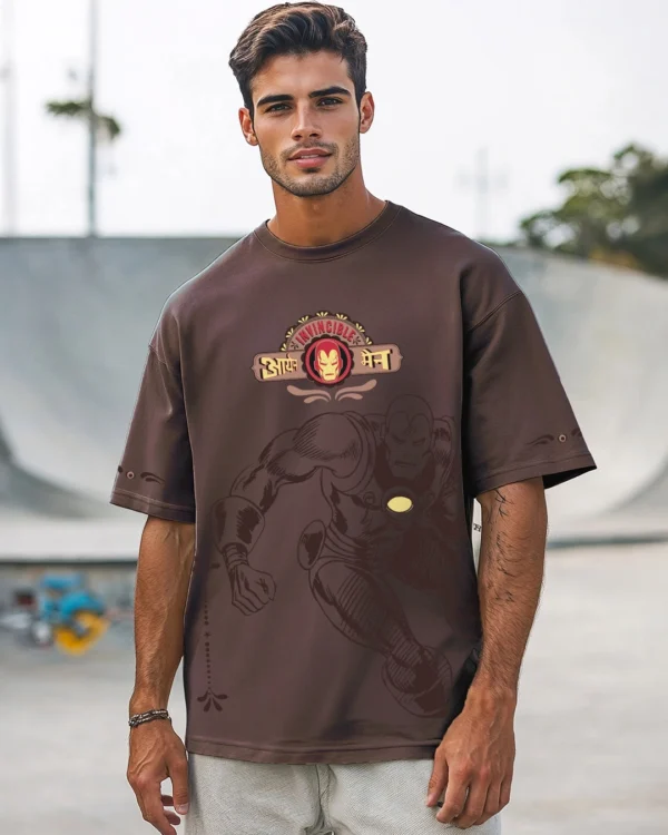 Men's Chocolate Brown Iron Truck Graphic Printed Oversized T-shirt