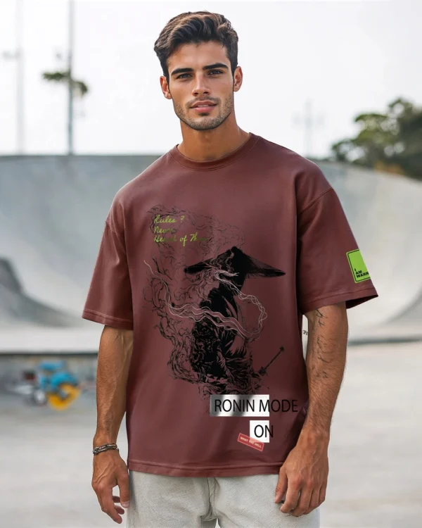 Men's Chocolate Brown Ronin Mode On Graphic Printed Oversized T-shirt