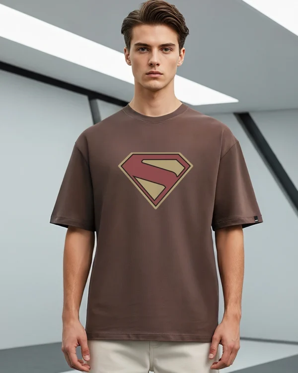 Men's Chocolate Brown Superman Logo Graphic Printed Oversized T-shirt