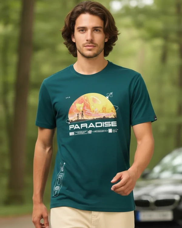 Men's Dark Sea Green Paradise Graphic Printed T-shirt