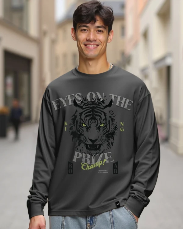 Men's Dark Shadow Grey Eyes On The Prize Graphic Printed Oversized T-shirt