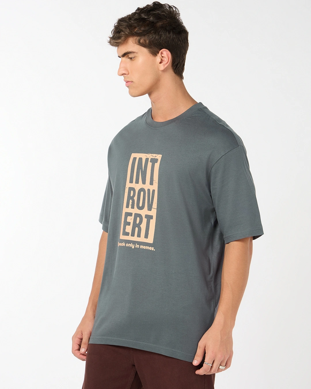 Men's Dark Shadow Grey Introvert Typography Oversized T-shirt - Image 2