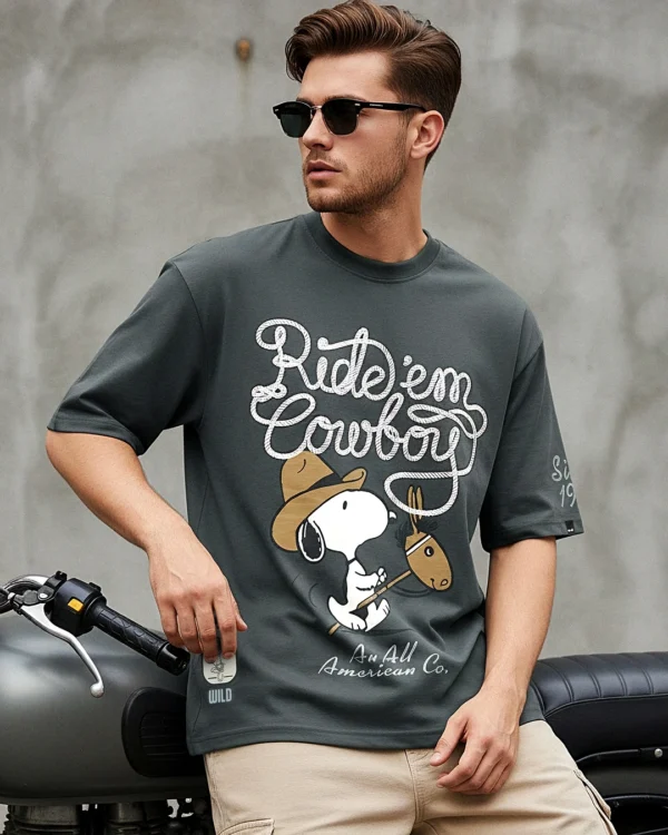 Men's Dark Shadow Grey Rideem Graphic Printed Oversized T-shirt