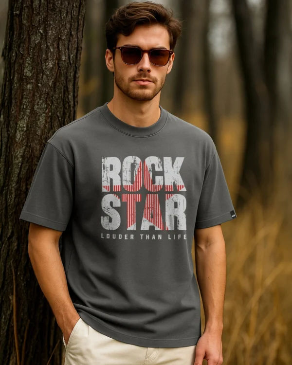 Men's Dark Shadow Grey Rock Star Typography Oversized T-shirt