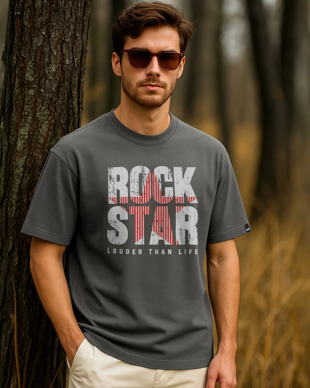 Men's Dark Shadow Grey Rock Star Typography Oversized T-shirt