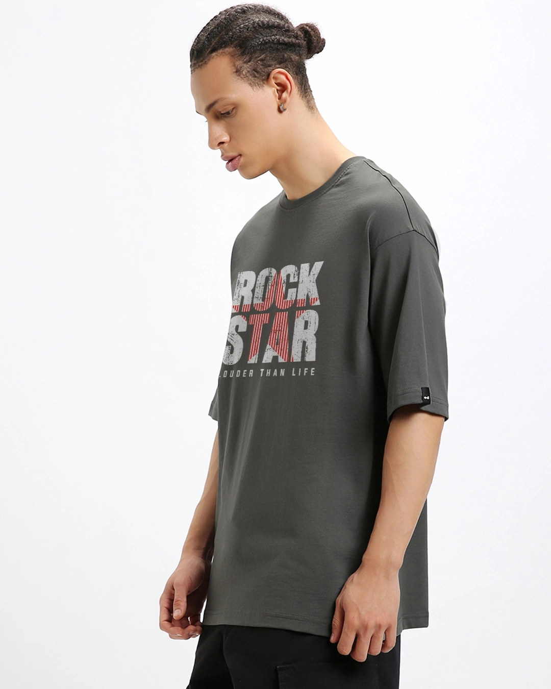 Men's Dark Shadow Grey Rock Star Typography Oversized T-shirt - Image 2