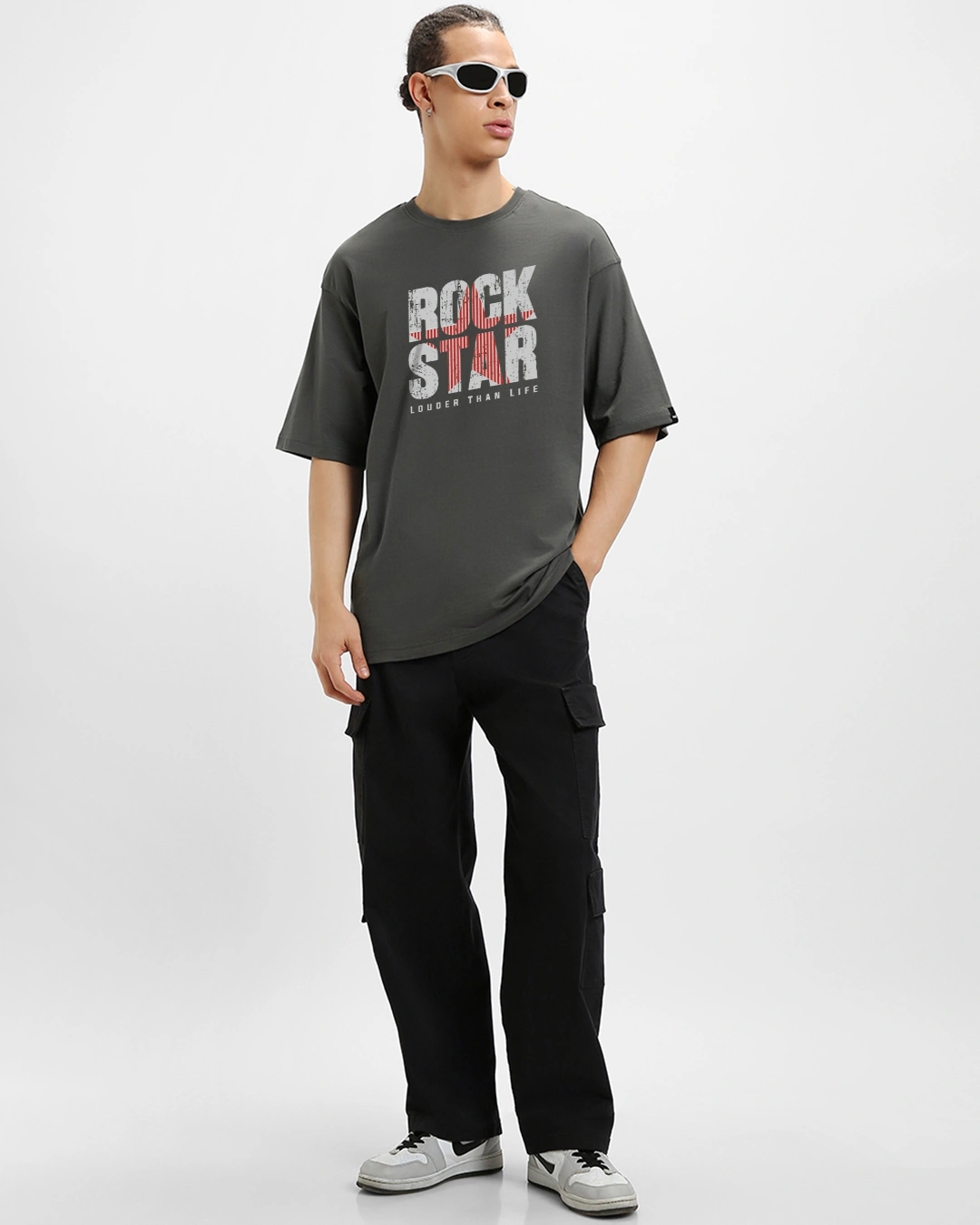 Men's Dark Shadow Grey Rock Star Typography Oversized T-shirt - Image 4