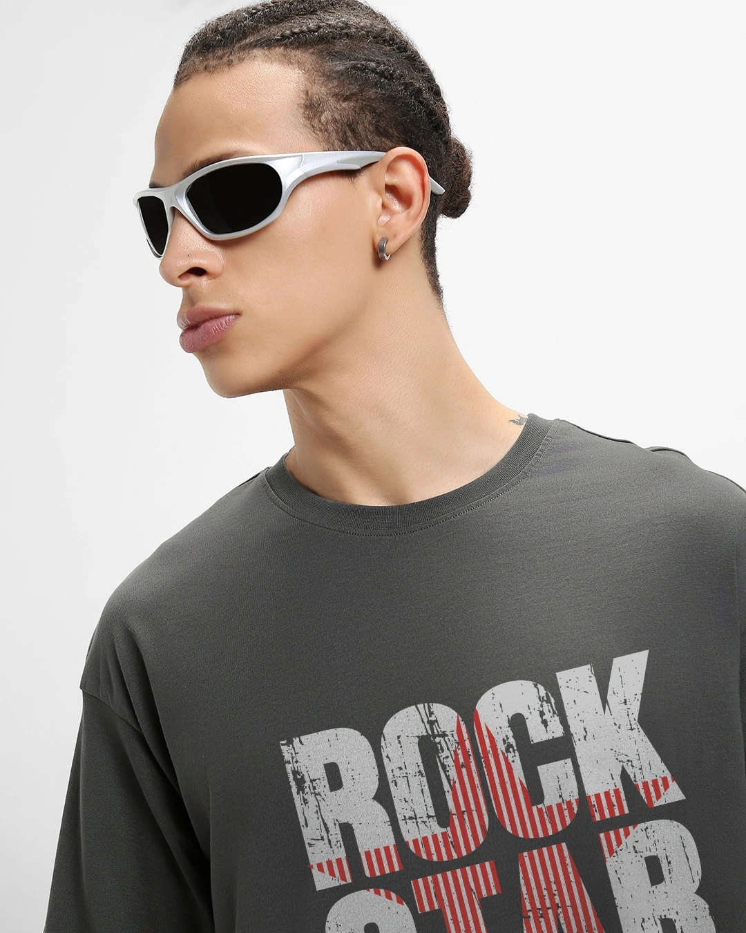 Men's Dark Shadow Grey Rock Star Typography Oversized T-shirt - Image 5