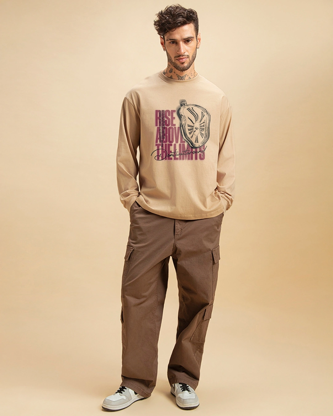 Men's Ginger Root Brown Dont Waste Your Time Graphic Printed Oversized T-shirt - Image 4