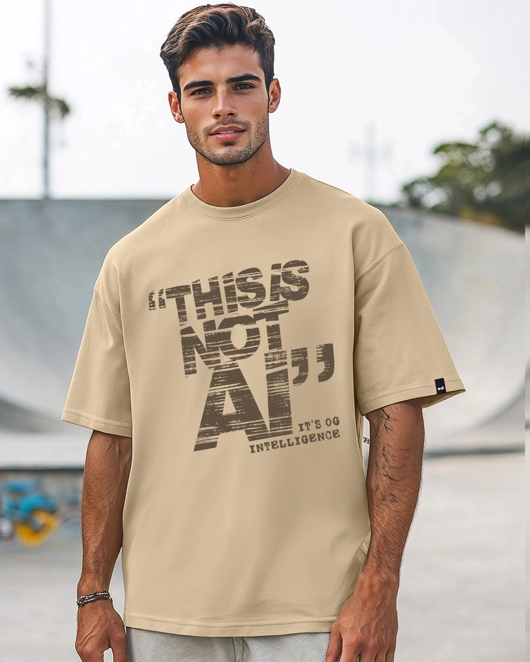 Men's Ginger Root Brown Intelligence Typography Oversized T-shirt