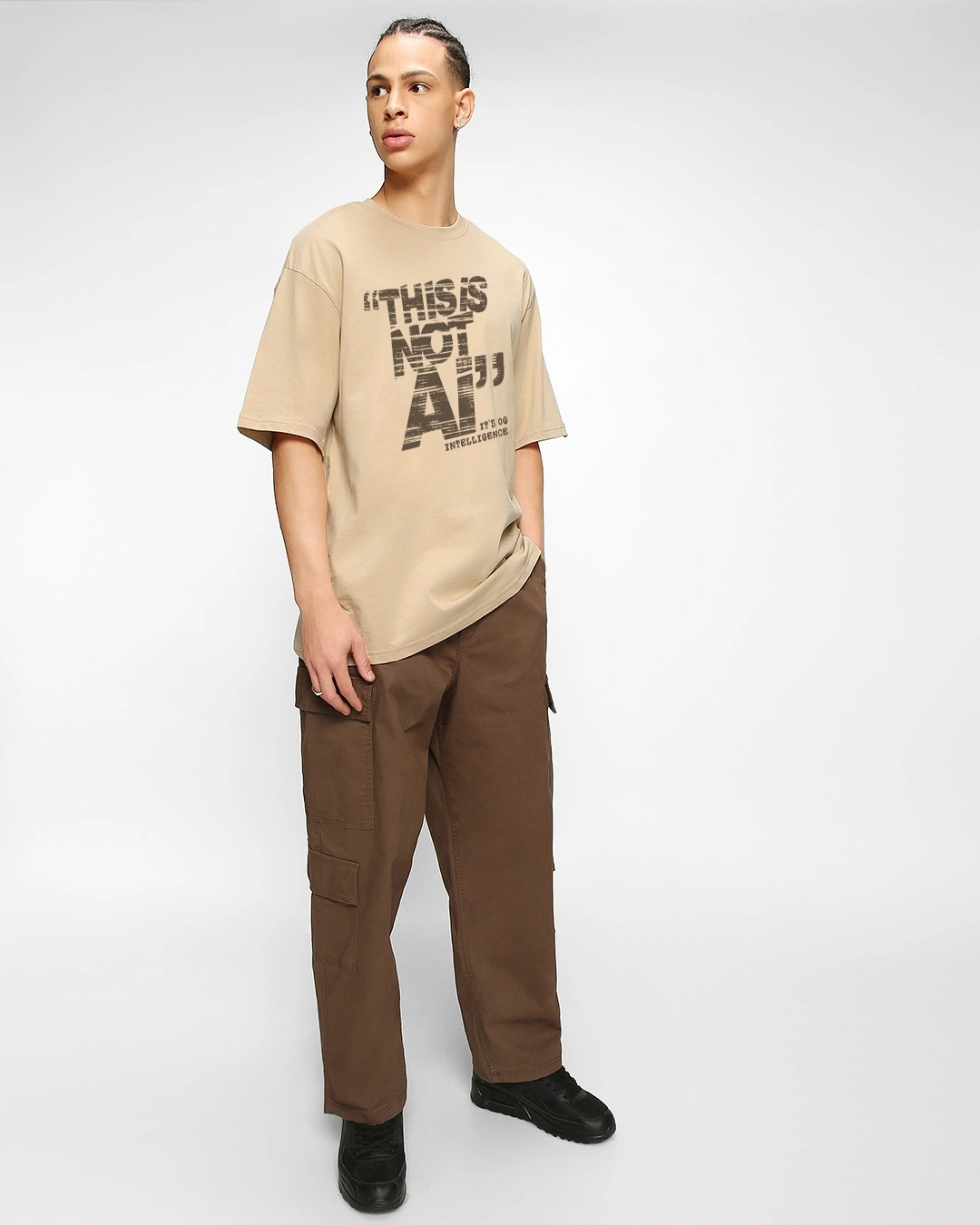 Men's Ginger Root Brown Intelligence Typography Oversized T-shirt - Image 4