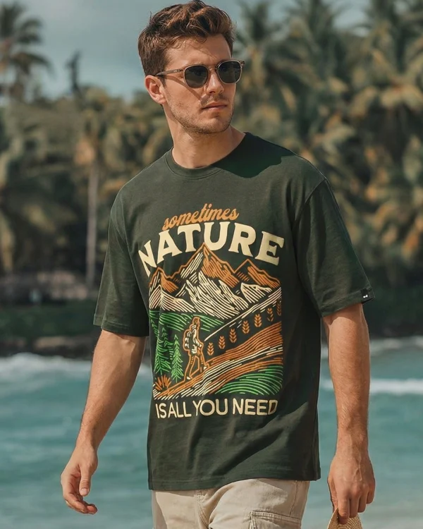 Men's Grape Leaf Green Sometimes Nature Graphic Printed Oversized T-shirt