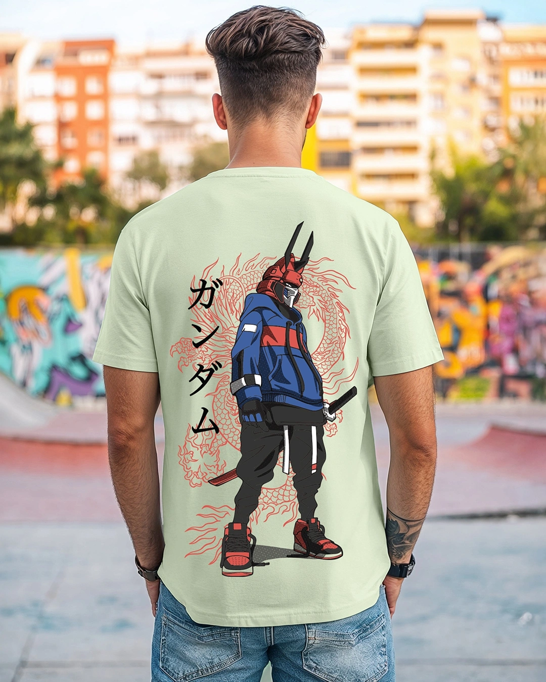 Men's Green Cyber Samurai Graphic Printed T-shirt