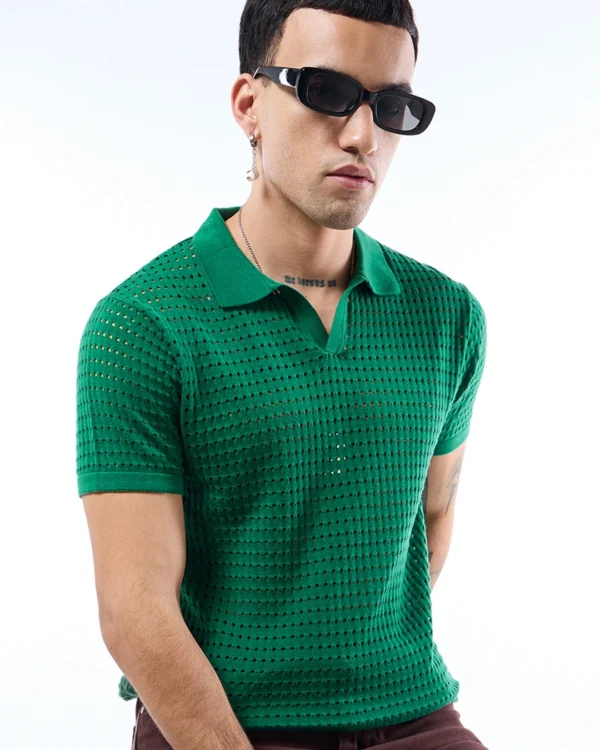 Men's Green Textured Flatknit Polo T-shirt
