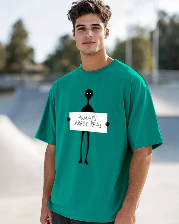 Men's Green Humans Aren't Real Graphic Printed Oversized T-shirt
