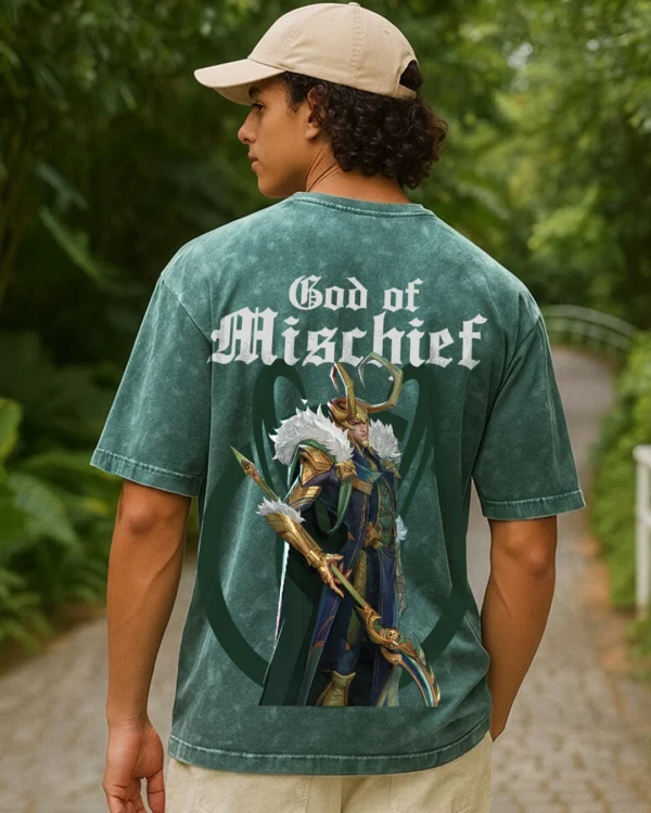 Men's Green Loki Graphic Printed Oversized Acid Wash T-shirt