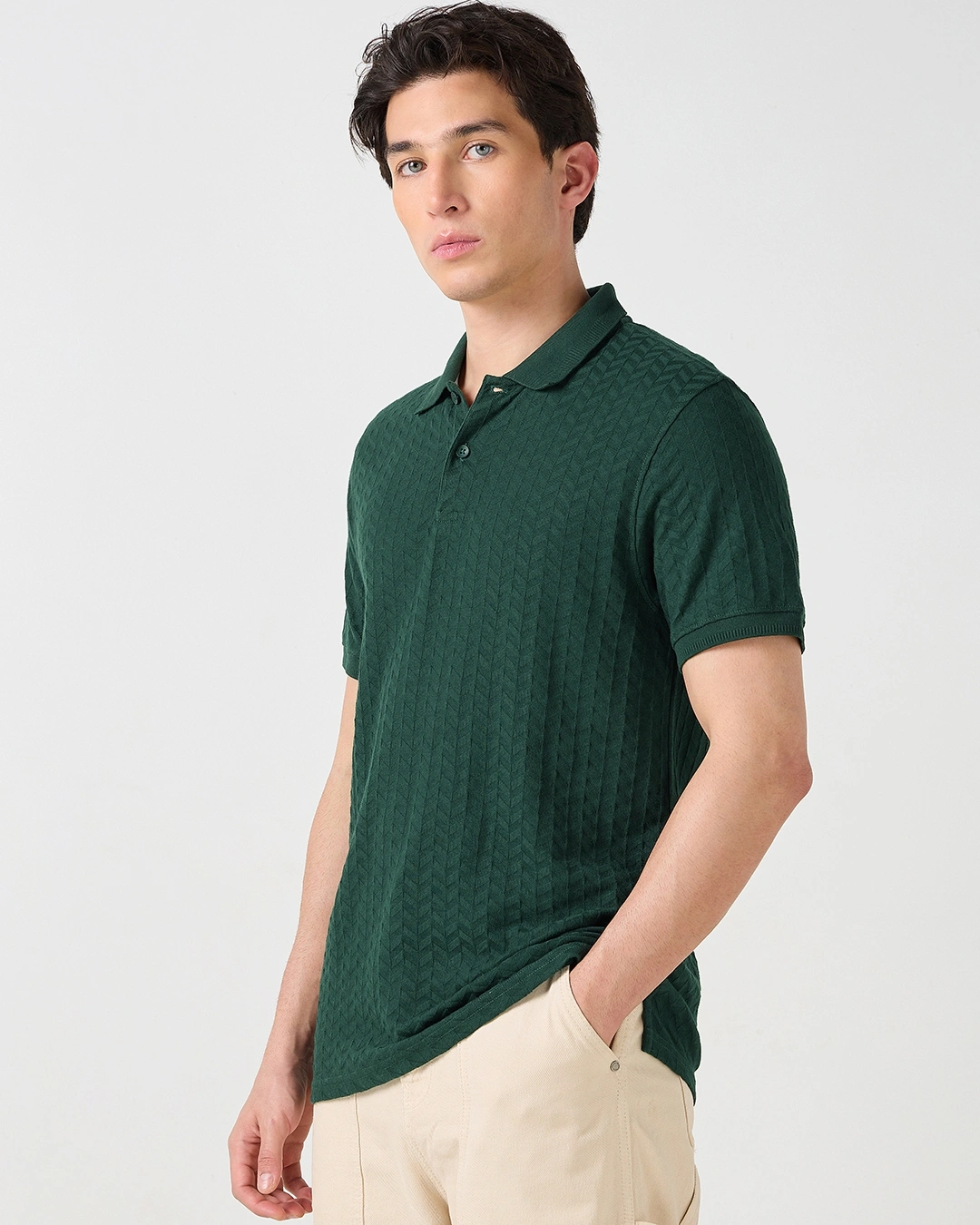 Men's Green Textured Korean Polo T-shirt - Image 2