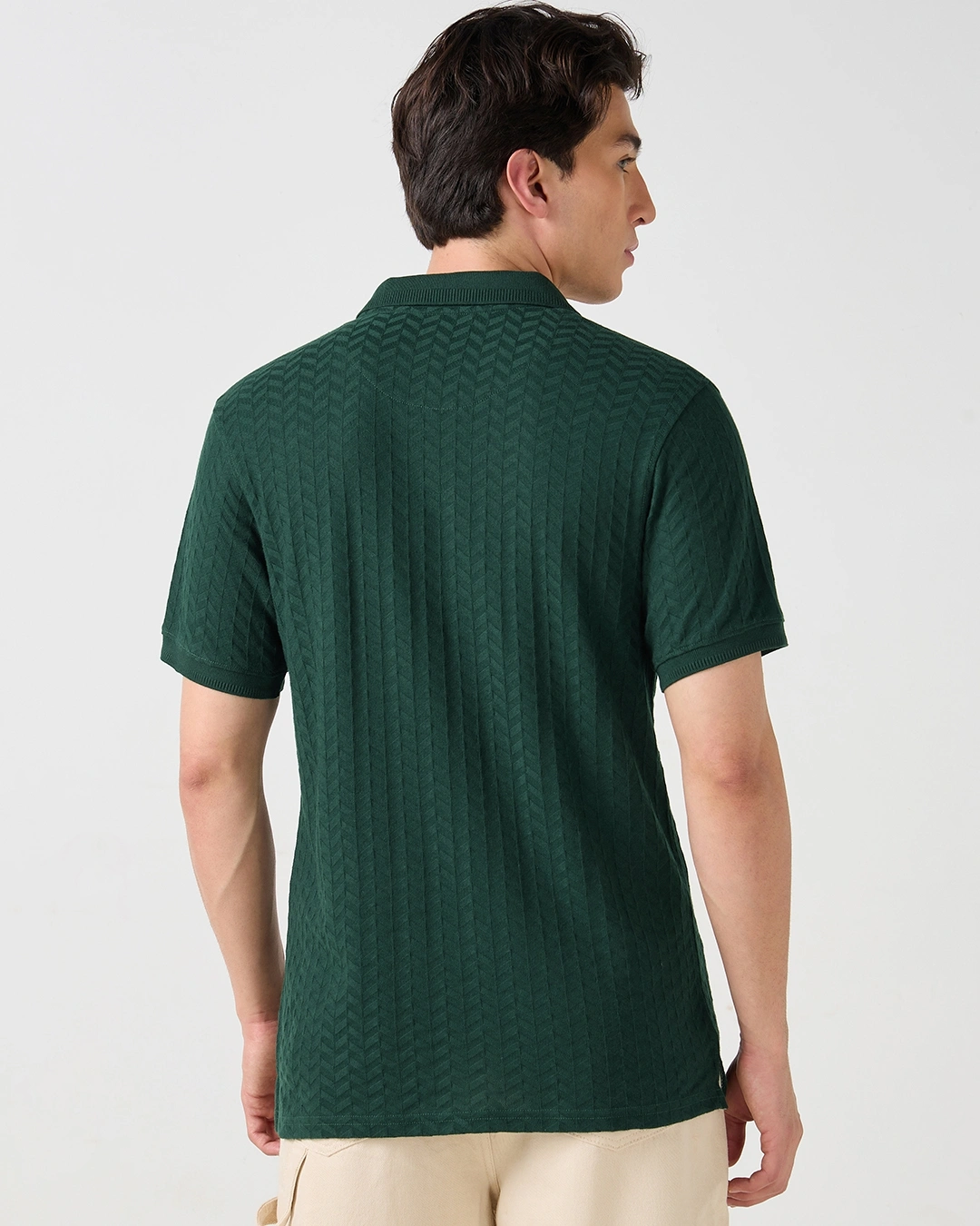 Men's Green Textured Korean Polo T-shirt - Image 3