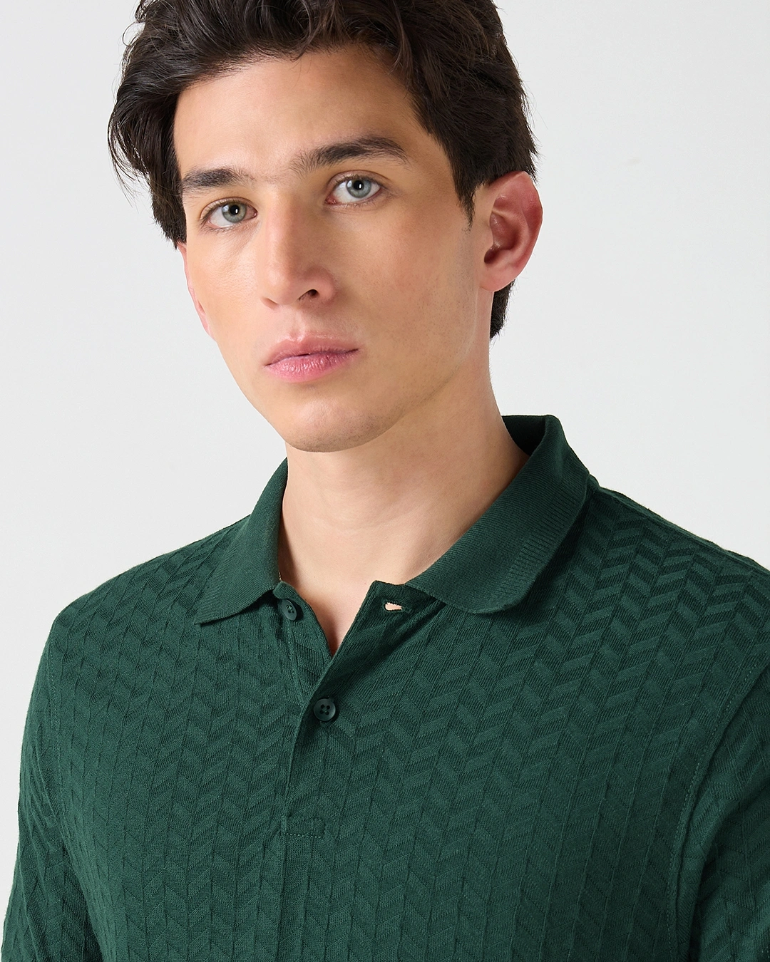 Men's Green Textured Korean Polo T-shirt - Image 5