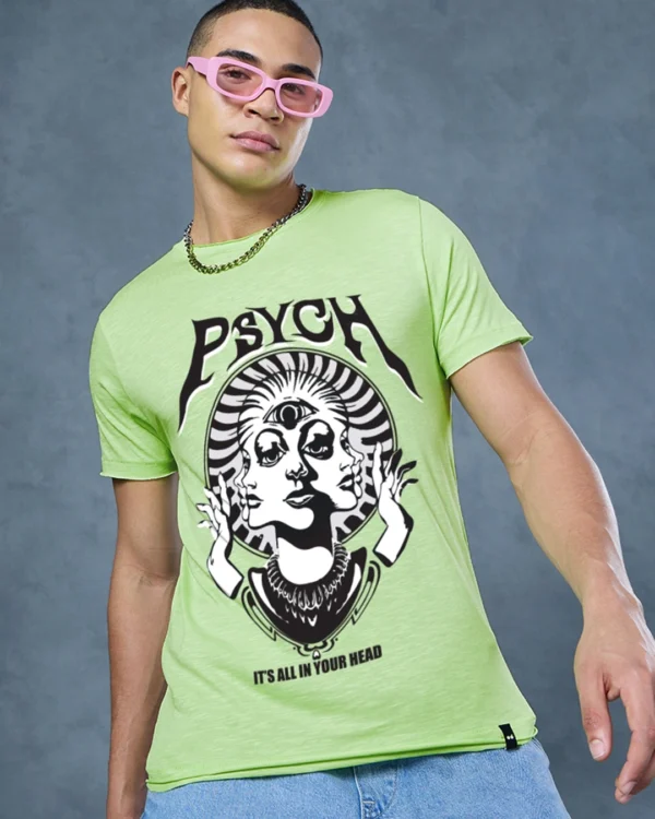 Men's Green Psych Graphic Printed T-shirt