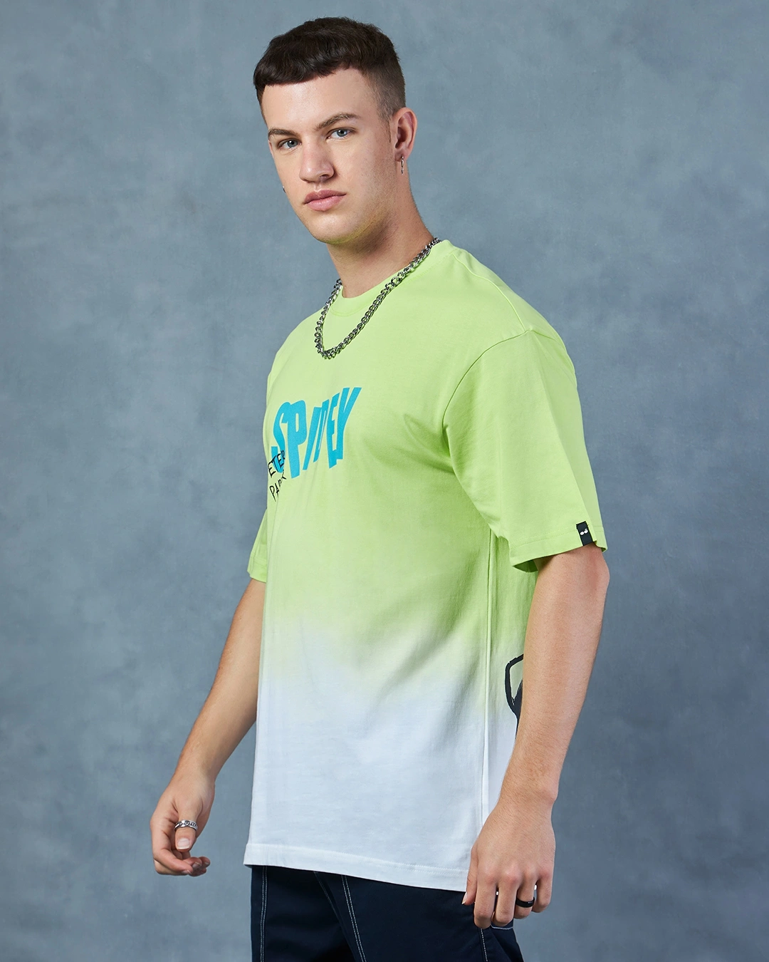 Men's Green & White Spiderman Graphic Printed Ombre Oversized T-shirt - Image 3