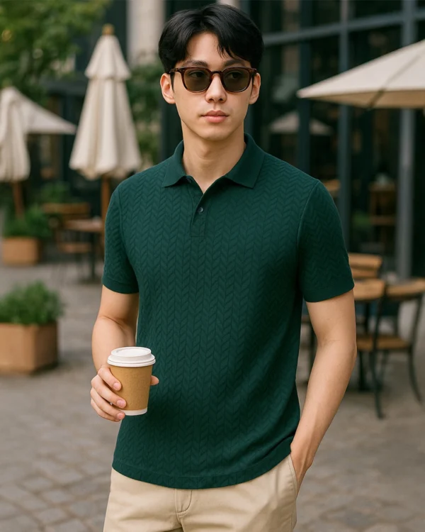 Men's Green Textured Korean Polo T-shirt