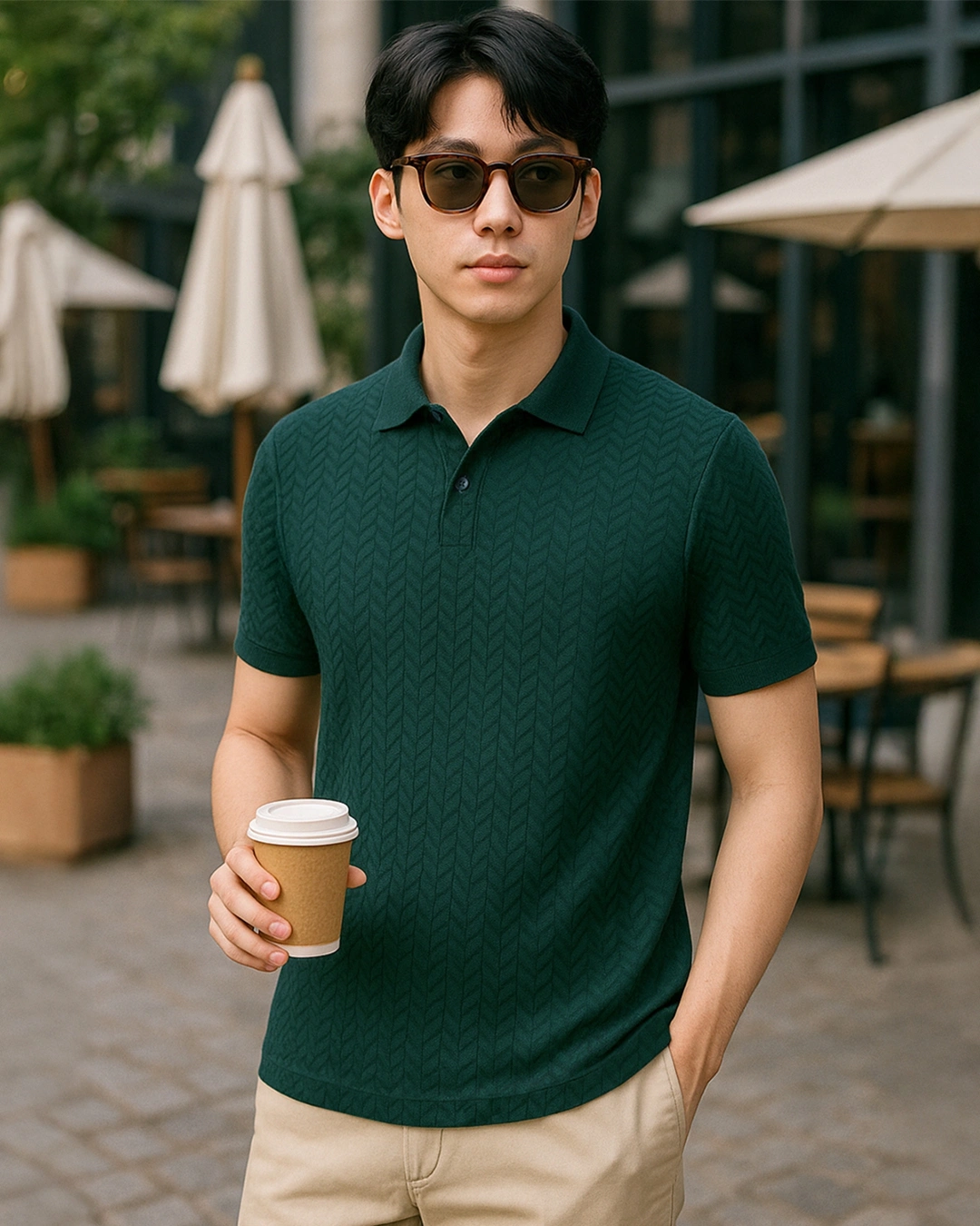 Men's Green Textured Korean Polo T-shirt