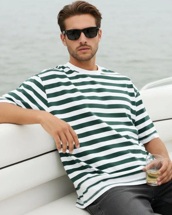 Men's Green & White Striped Oversized T-shirt